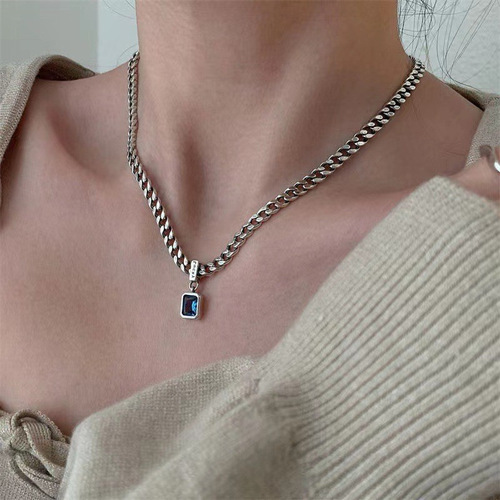 Mysterious Blue Zircon Necklace for Women, Retro Fashion S925 Silver Alphabet Geometric Clasp Necklace, Simple Hip-Hop Sweater Chain