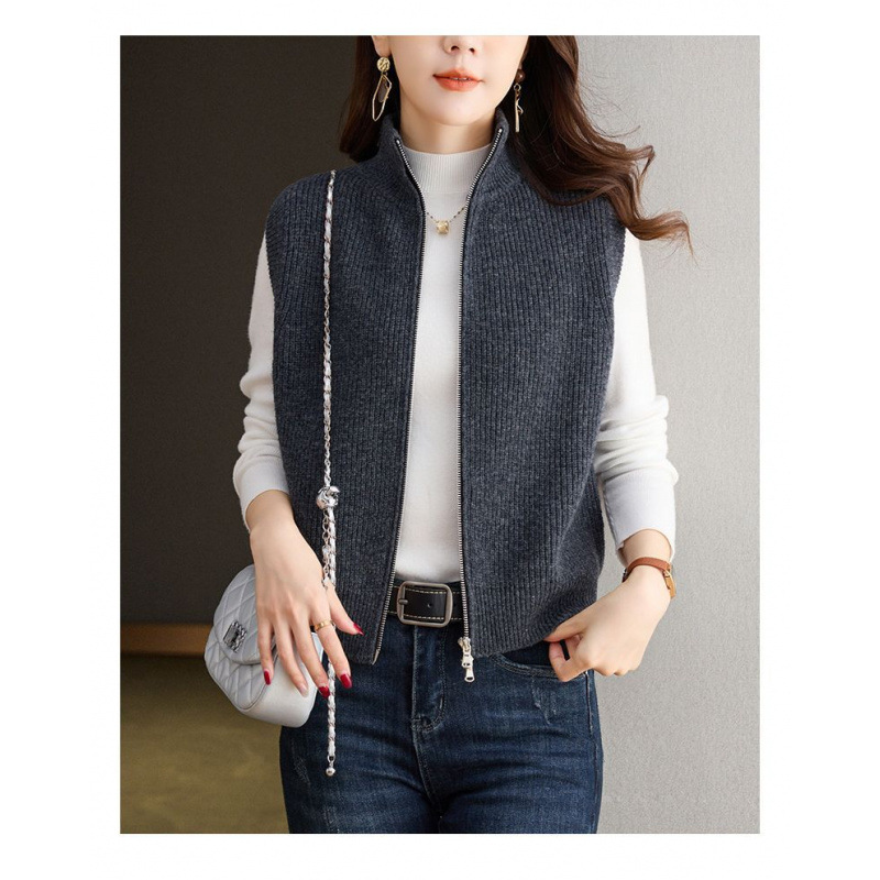 Collar vertical chaleco de punto de mujer otoño invierno 2025 nuevo chaleco de doble cremallera con la solapa suéter cardigan chaqueta de moda