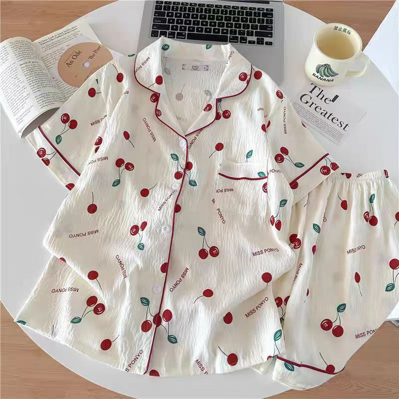 2026 New Summer Pajamas for Women, Cardigan, Cloud Cotton Short-Sleeved Shorts, Sweet and Cute Loose-Fitting Home Clothes Set for Summer