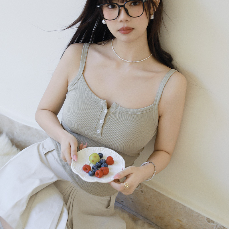 2025 Early Spring Threaded Cotton Button Camisole with Breast Pads for Women to Wear as Outerwear Summer Underwear