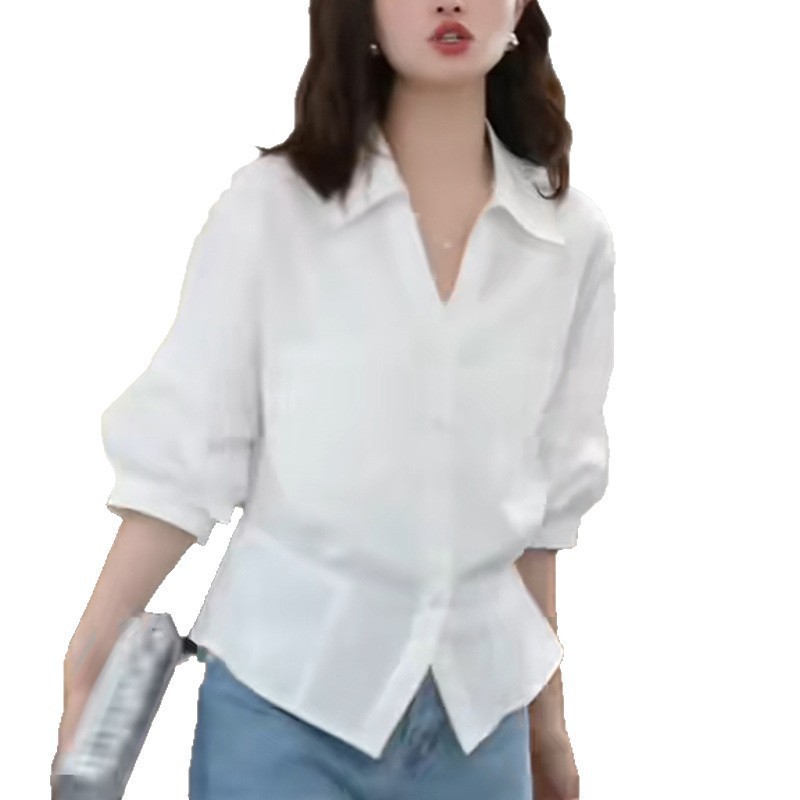 2025夏季开衫流行风格松弛感女白色法式知性薄款独特短袖衬衫|undefined
