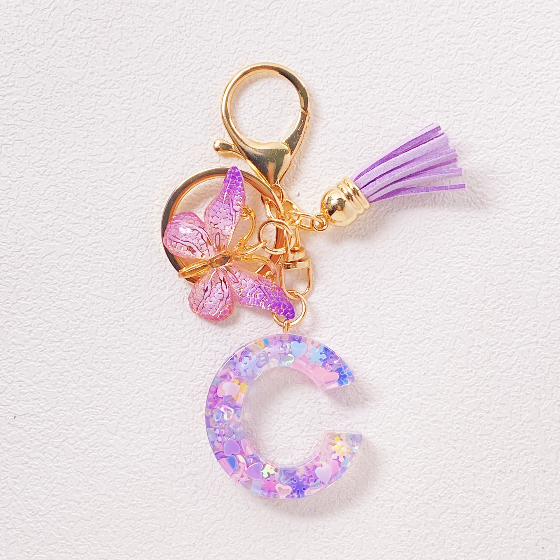 20g Weight Sequins Inlay Material Keychain Classification Daily Occasion Epoxy Material Letter, Butterfly Pattern Women's Gender Sweet Style Purple Color Letter Butterfly Keychain Epoxy Sequins Women's Sweet Keychain 4