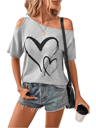 Eurasian cross-border Amazon design summer new sexy off-shoulder print casual foreign trade heart T-shirt
