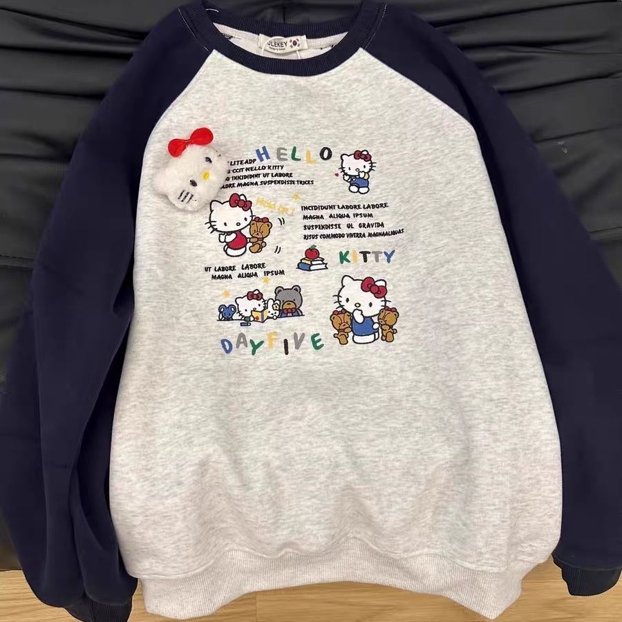 韩系插肩袖kitty印花圆领套头卫衣女秋冬加绒猫咪公仔甜美学时尚