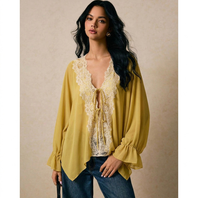 2026 Autumn Cross-Border Hot-Selling European and American Ins Style Fashionable Women's Clothing Long-Sleeve Asymmetric Transparent Lace Shirt