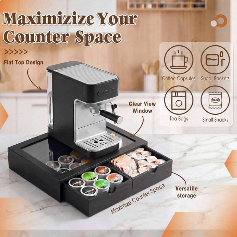 Wooden tea bag organizer, divided wooden storage box, acrylic transparent drawer-style coffee bag storage box Wooden tea bag organizer, divided wooden storage box, acrylic transparent drawer-style coffee bag storage box