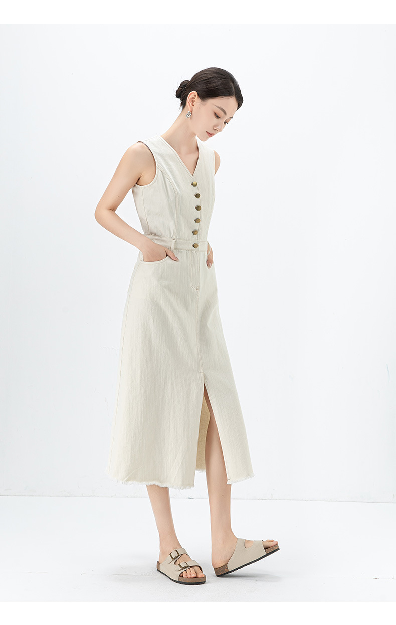 Đầm maxi nữ không tay cổ tròn phong cách Pháp chất jean mềm — màu trắng chi tiết 27