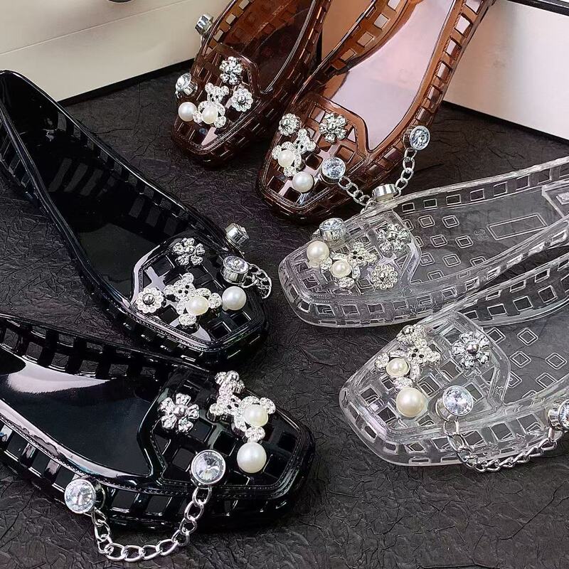 Korean Jelly Shoes, Shallow Slip-On Shoes, Crystal Pvc Outdoor Casual Slippers, Slip-On Hollow-Out Dance Shoes, Clogs