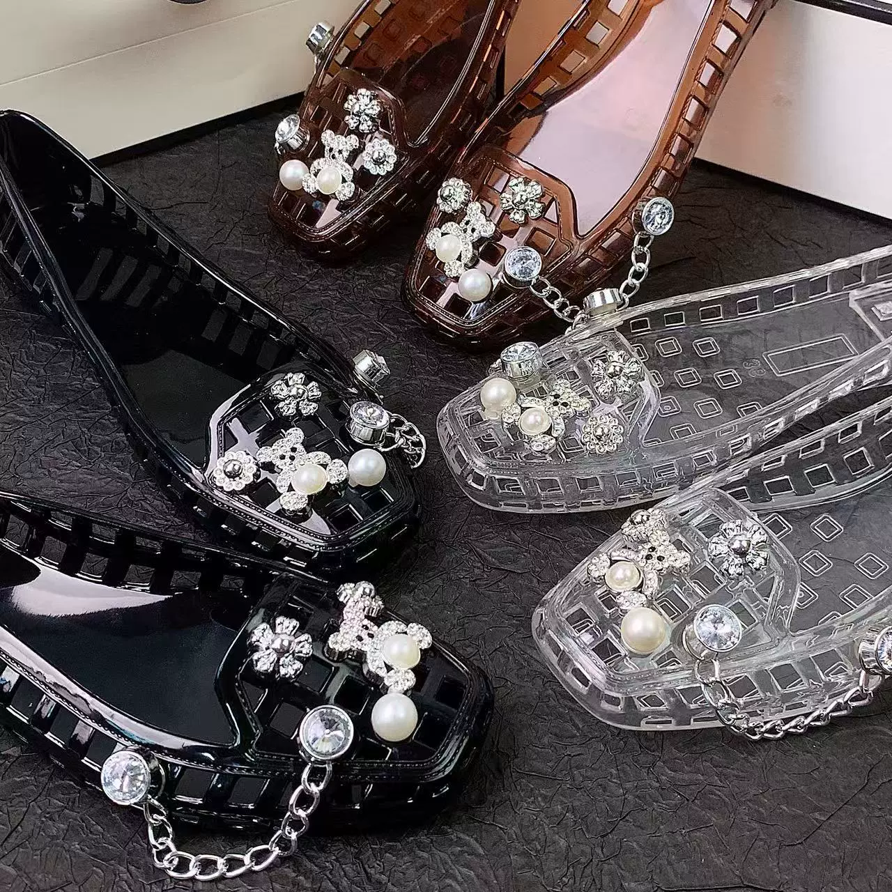 韩国果冻鞋浅口单鞋水晶PVC户外休闲拖鞋一脚蹬镂空跳舞鞋洞洞鞋