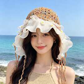 波西米亚风蕾丝流苏针织帽女夏季镂空透气手工钩织显脸小包头帽子
