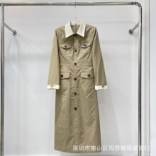 25早秋新款女装复古撞色翻领气质修身显瘦长袖风衣连衣裙女长裙