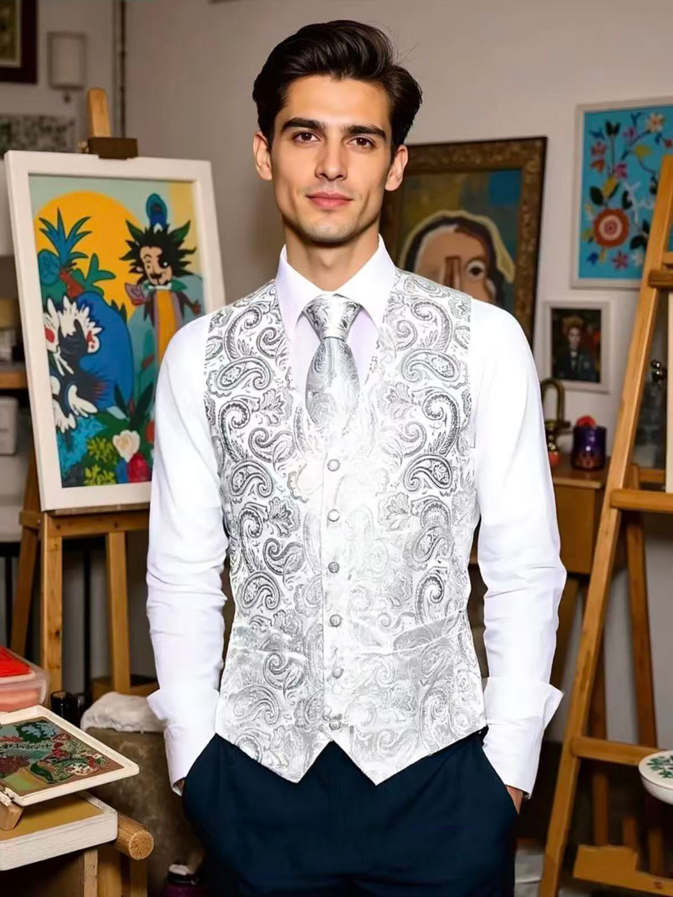 Herren Paisley Weste Set Mit Krawatte Einstecktuch Manschetten_voghion.com