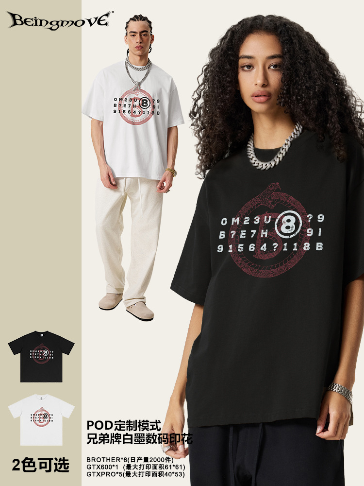 2025 serie de primavera europea y americana marca de tendencia serpiente logotipo impresión de cuello redondo suelto camiseta de manga corta para hombres de verano