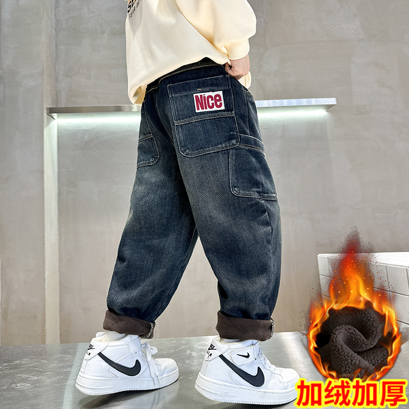 어린이 소년 기모 바지 겨울 청바지 2024 년 새 겨울 소년 원피스 양털 캐주얼 바지