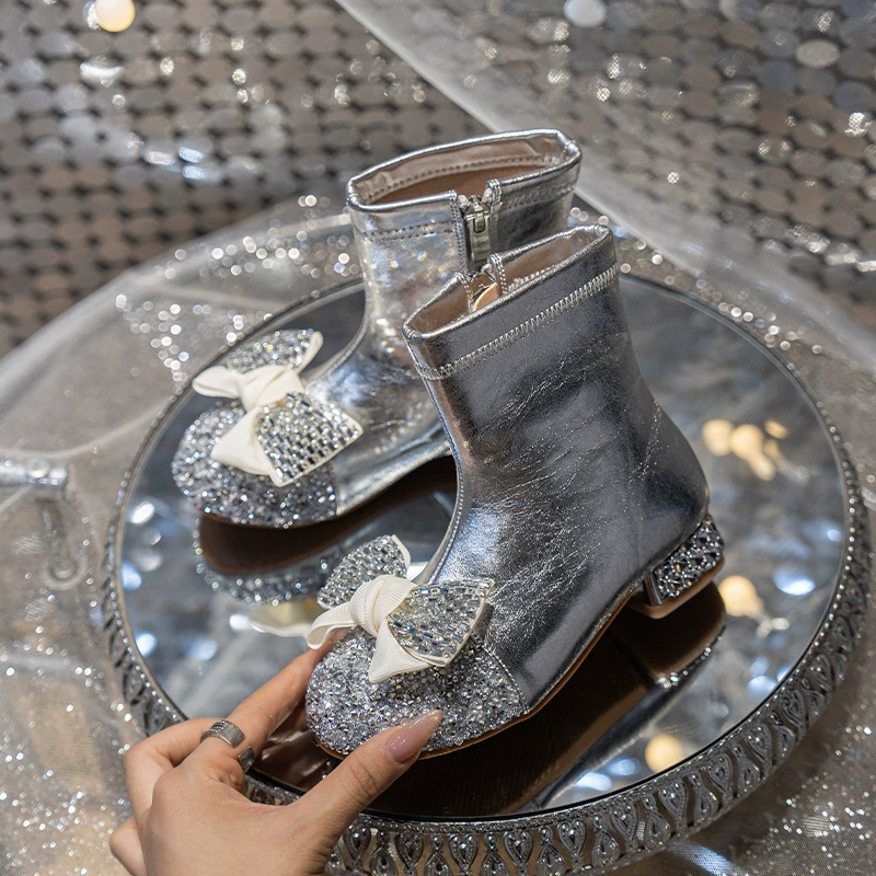 Сапоги для девочек сапоги на каблуках детские весенние и осенние сапоги 2024 новые детские зимние бархатные кожаные сапоги принцессы хрустальные сапоги