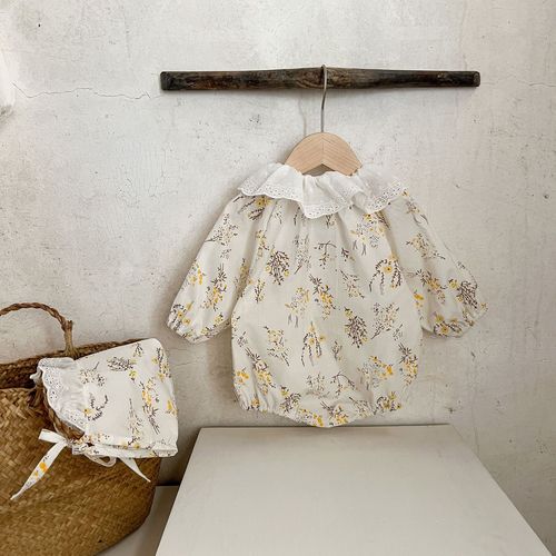 Korean style baby girl floral hooded jumpsuit ins newborn lace loose harem trendy