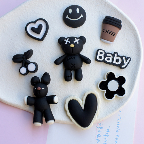 Cartoon Cool Black Series Bear Coffee Resin Accessory Phone Case Hairpin Hole Shoes Cream Adhesive Material PJ754