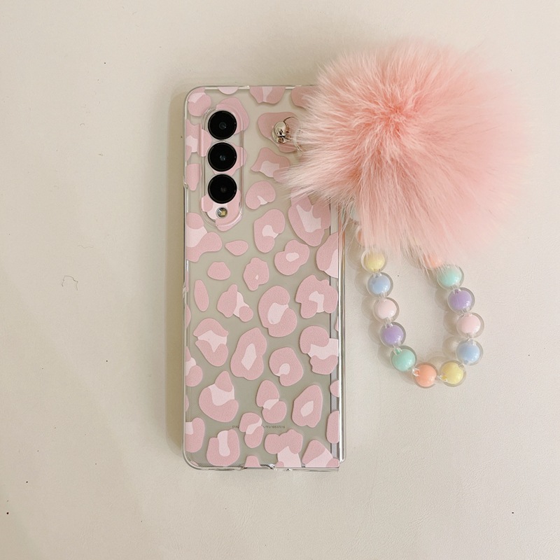 Adatto per Samsung Fold3 Custodia per telefono creativa con motivo leopardato rosa, catena in peluche, schermo pieghevole, stile dea_voghion.com