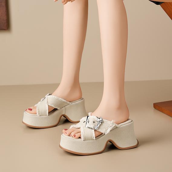 Dép sandal cao gót nữ hở mũi đế xuồng 9 cm quai ngang chất denim — Màu xanh lam denim, Vải bò trắng be