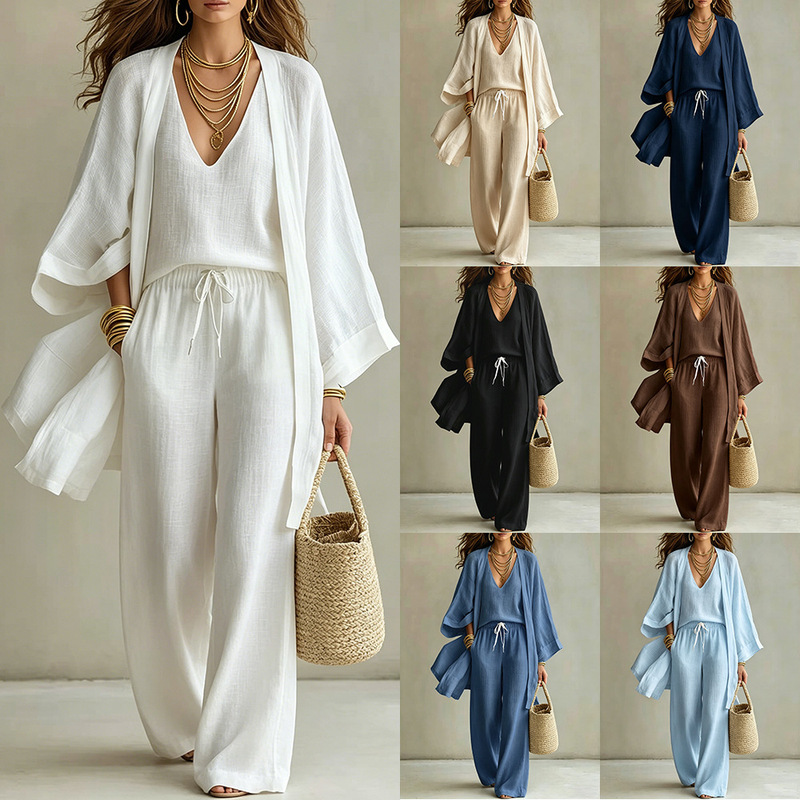 European and American Cross-Border Spring, Autumn, and Summer Loose Mid-Length Cardigan Jacket, Sleeveless Vest, and Long Pants Casual Three-Piece Set