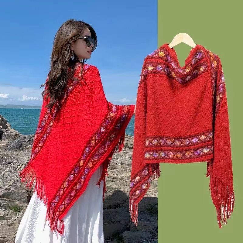 Ethnic Style Spring and Summer 2025 New Knitted Pullover Diamond Tassel Shawl Women's Fashion All-match Travel Cape Ethnic Style Spring and Summer 2025 New Knitted Pullover Diamond Tassel Shawl Women's Fashion All-match Travel Cape