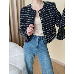 Sinan フレンチモダンコントラストストライプ秋冬ツイードスモールフレグランスコートハイエンドショートスタイル SN4071