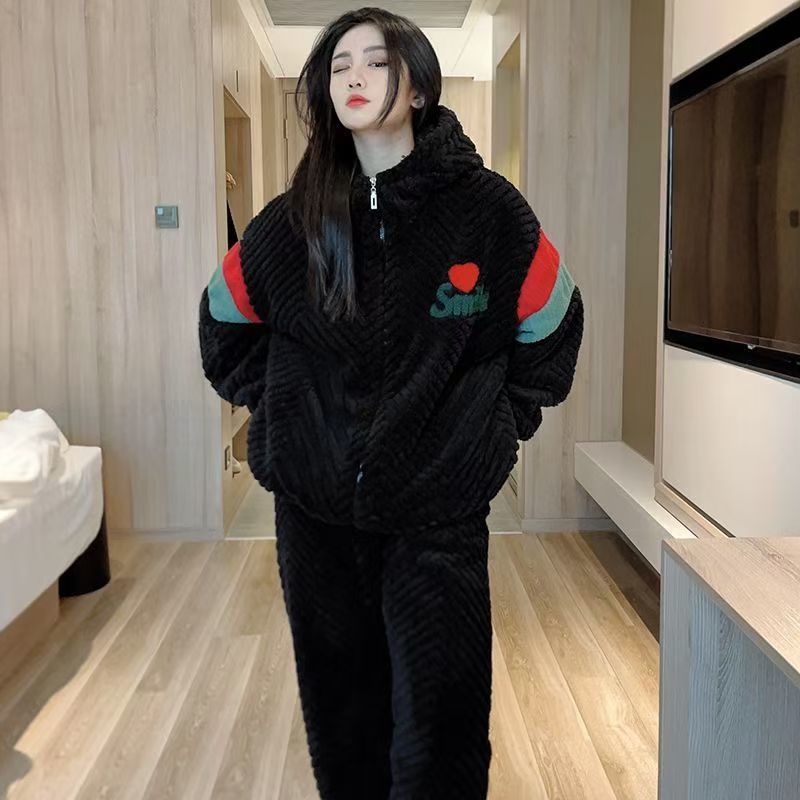 여성용 산호 벨벳 잠옷, 가을 겨울 겉옷, 두꺼운 플란넬, 여분의 지방, 느슨한 300파운드 가정복 세트