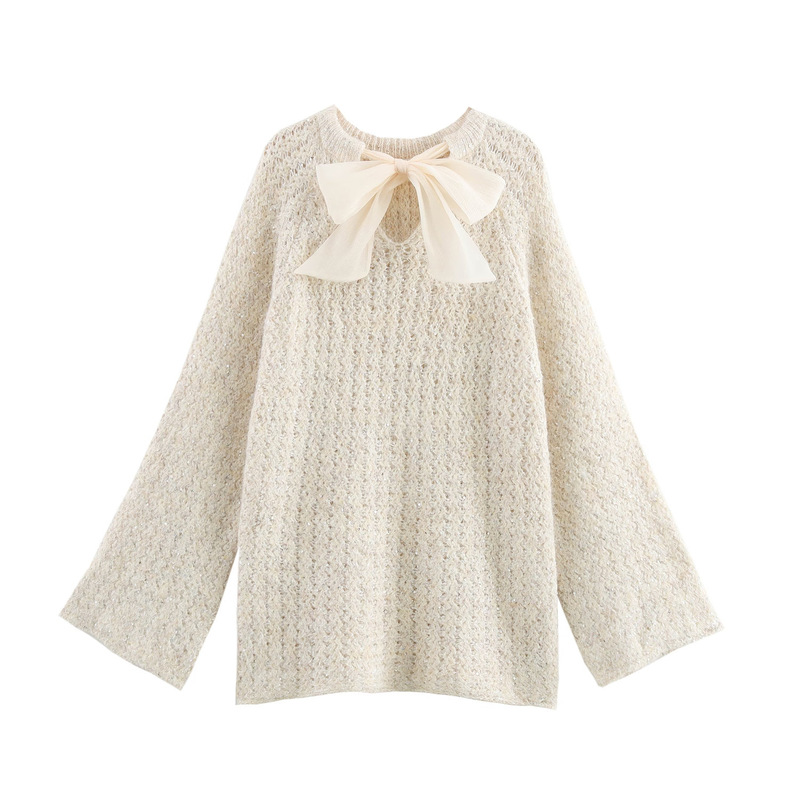 Cross-border European and American Women's Wear Sequin Crocheted Organza Bow Sweater Blouse in Autumn 2024