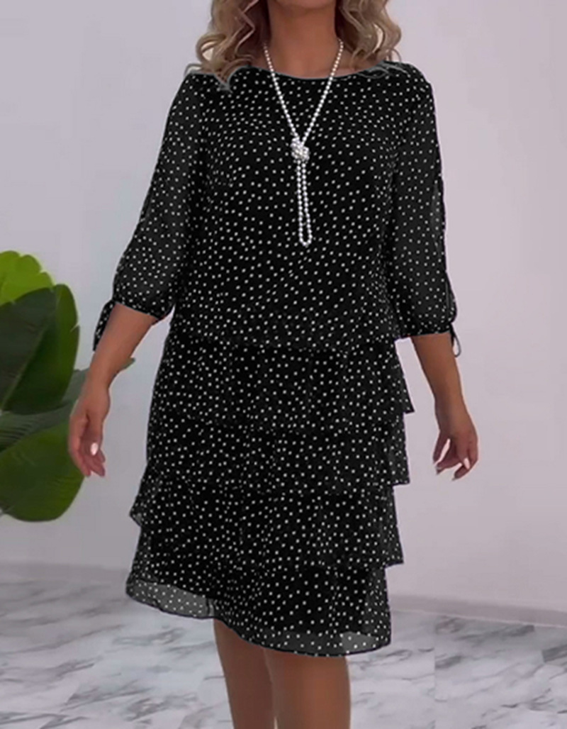 Women's Clothing Elegant Polka Dot Chiffon Midi Dress For Women Round Neck Three Quarter Sleeve Tie Waist Fashionable Cake Style_voghion.com