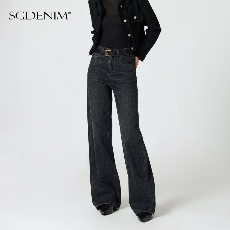 Relaxed atmosphere/autumn new black and gray high-waisted wide-leg jeans for women, loose, straight, floor-length, slimming