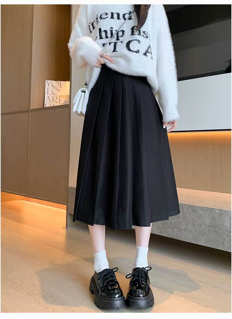 2023 outono/inverno nova saia plissada espessada com elástico e cintura alta emagrecimento e ajuste solto temperamento saia de comprimento médio_voghion.com