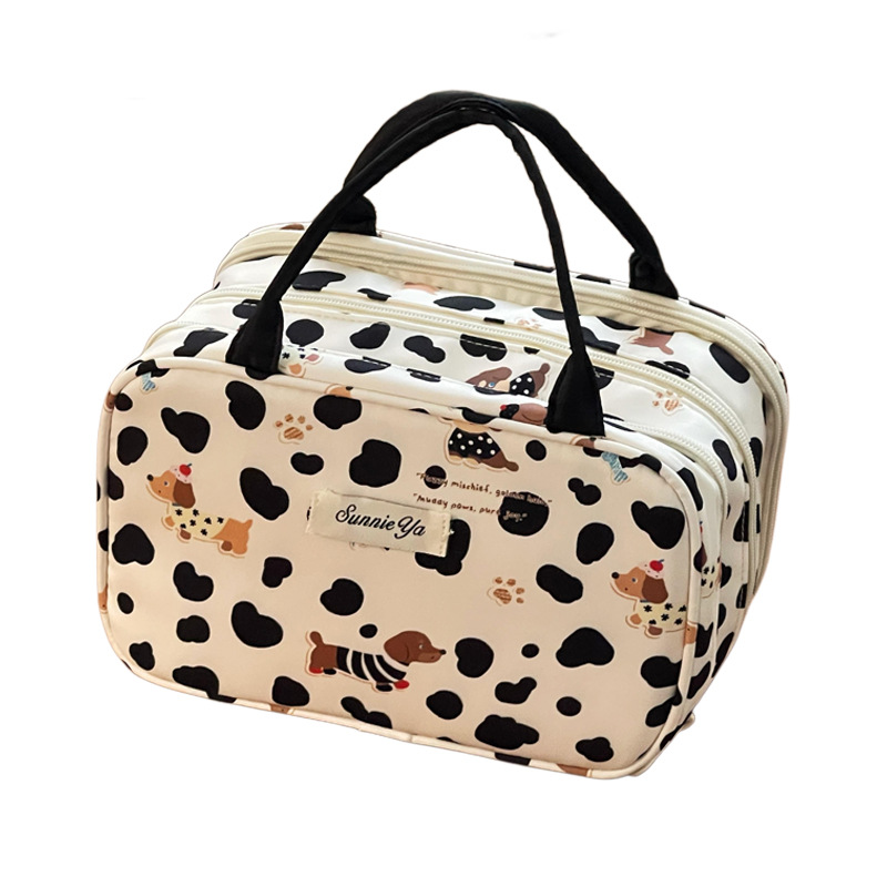 Bonita salchicha cachorro bolsa de maquillaje de gran capacidad de turismo para productos de cuidado de la piel bolsa de almacenamiento de tres capas bolsa de lavado portátil