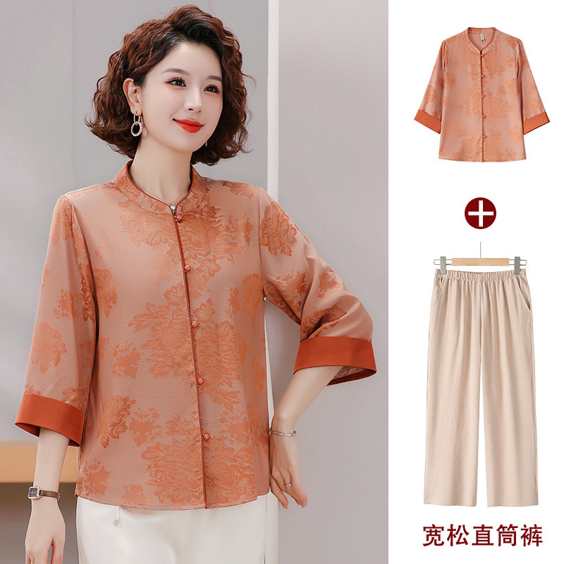 Fashion Printing Middle-aged and Elderly Women's Seven-sleeve Shirt Spring and Summer Western Style Cardigan Mother's Loose Top Cardigan