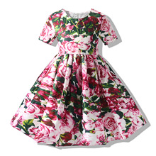 童裝夏季禮服歐美中大女童短袖花朵連衣裙兒童公主裙
