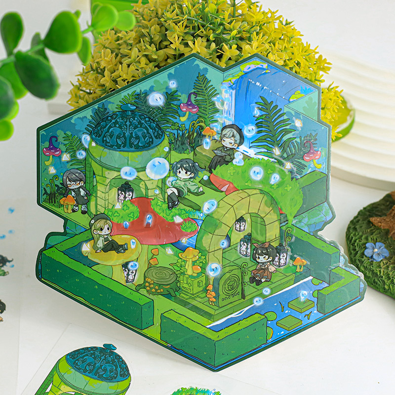 Pegatinas de paisajismo en 3D de Mu Ran: serie de viajeros de tiempo y espacio luminosos, pegatinas de escena en miniatura de cabina tridimensional divertida para estudiantes