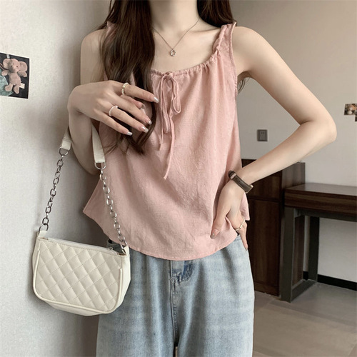 Pure Desire Camisole Sleeveless Vest Women Summer Thin Women's Drawstring Round Neck Slim Fit Short Top Small Shirt Women