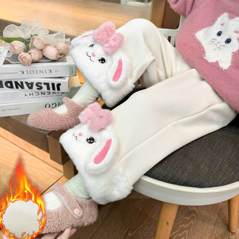 여자 기모 귀여운 토끼 캐주얼 바지 2024 가을 겨울 새 어린이 한국 소녀 두꺼운 겨울 바지