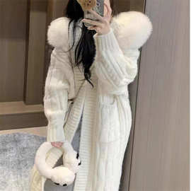纯色毛衣外套女秋冬季慵懒风名媛气质开衫仿狐狸毛领连帽斗篷大衣