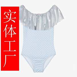 大码童装大个子初中生带胸杯浅蓝色波点连体泳衣冲浪服定制工厂