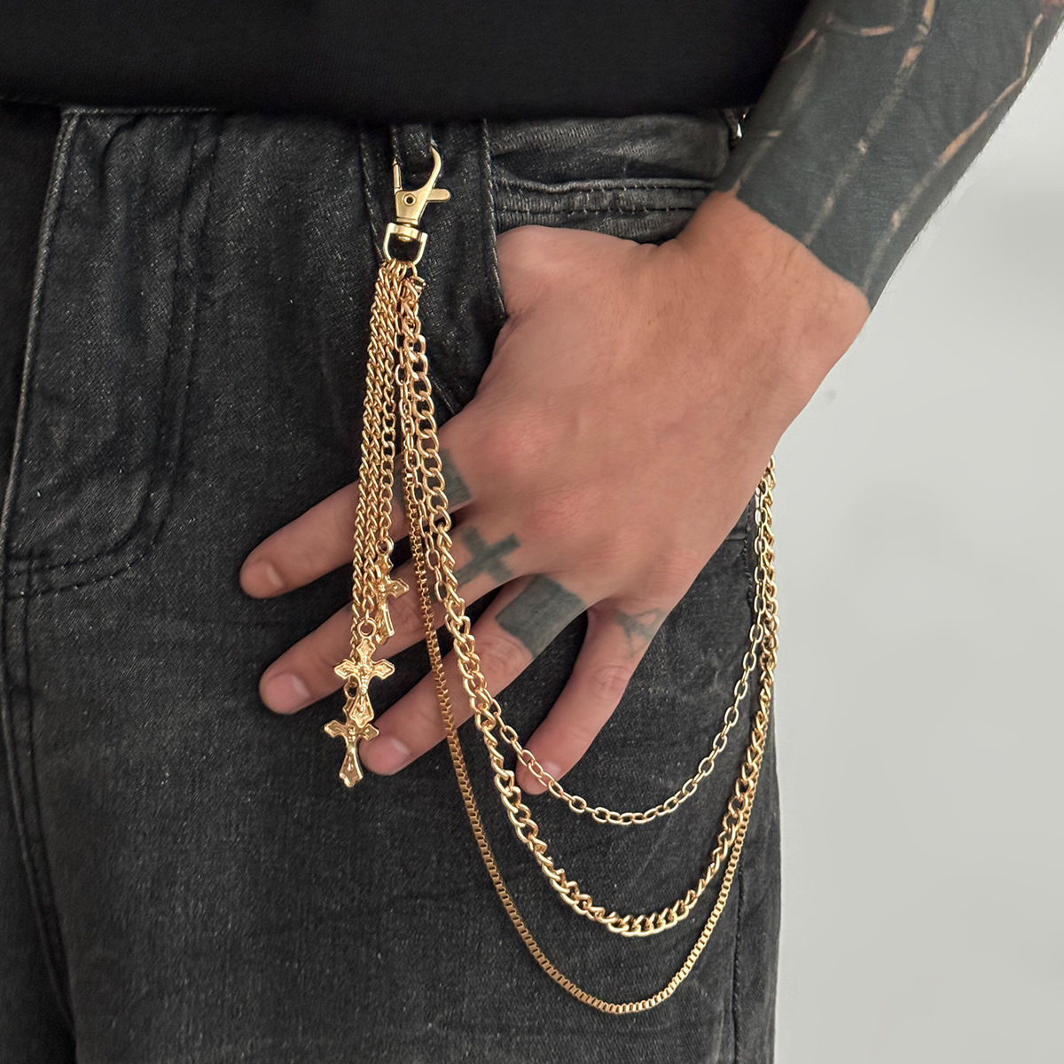 Ceinture croisée en denim pour homme, style européen et américain, chaîne de taille en métal haut de gamme, inspirée du hip-hop._voghion.com