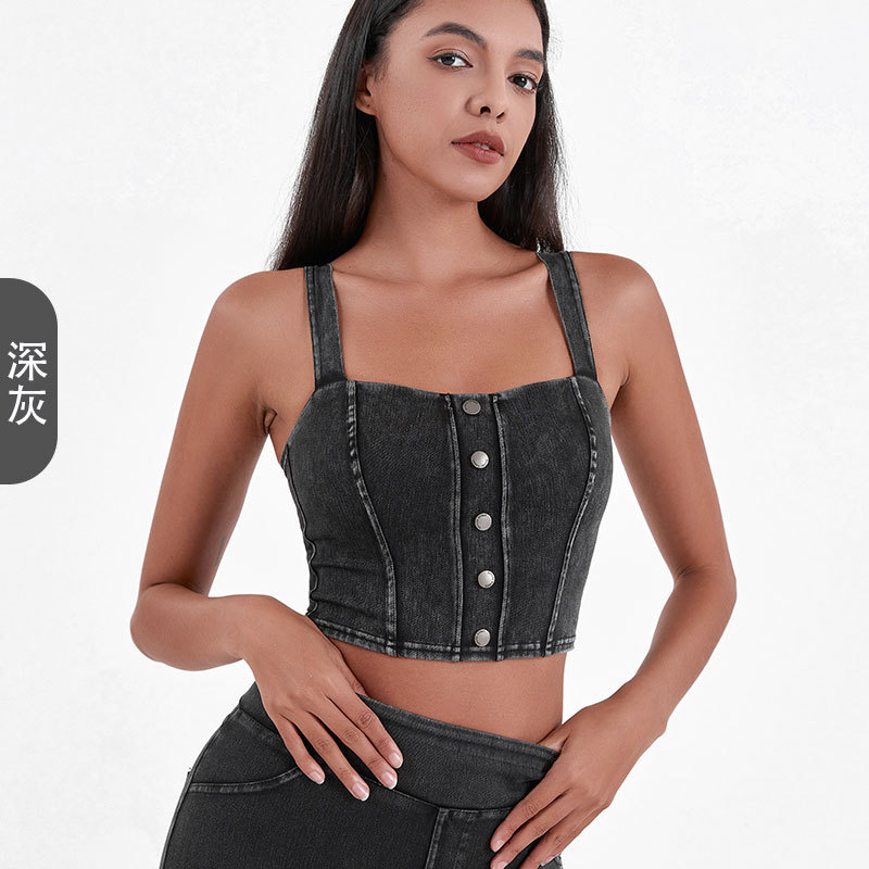 女性用イミテーションデニムフィットネスヨガベスト、高弾性U字型胸パッド、スリムメタルバックルスリングスポーツカジュアルトップ|undefined