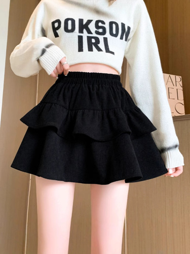 Women's Semi-Skirt Corduroy Autumn/Winter 2024 New Arrival Korean Style High-Waist Puffy Skirt Slimming Cake A-Line Pleated Skirt