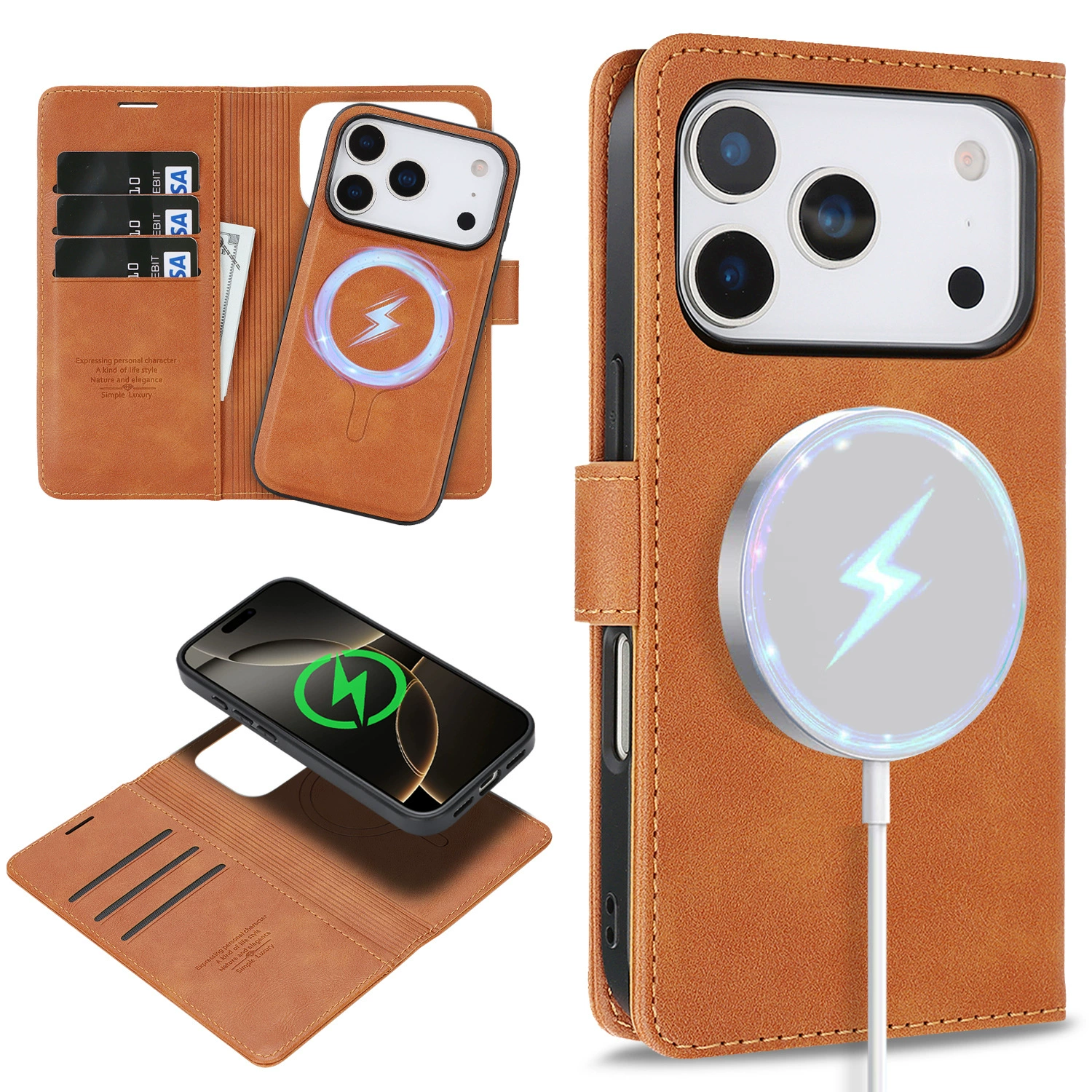 Suitable for iPhone17Pro Max wireless charging leather case MagSafe two-in-one plug-in card split protective case
