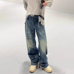 新品cleanfit緑松石デザイン感水洗い破壊長ズボン男女同型ストレートカジュアルジーンズ