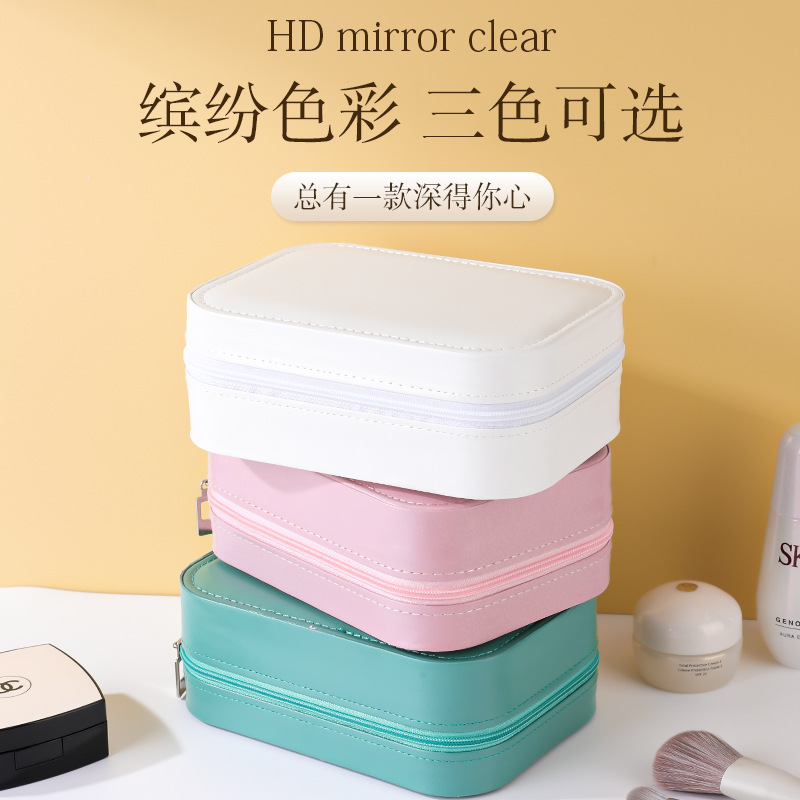 gran capacidad lámpara led pequeño espejo de maquillaje viaje ins viento alto valor cosmético cepillo portátil caja de almacenamiento a prueba de polvo espejo