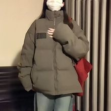 灰色复古胸标印花棉服外套女学生冬季慵懒风潮流宽松加厚防寒棉袄