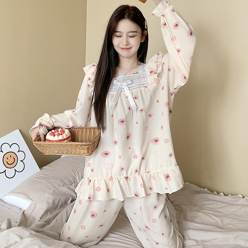 Princesa estilo pijamas de las mujeres tejido crepe encaje algodón cuello cuadrado suéter manga larga Otoño e Invierno dulce desgaste del hogar traje