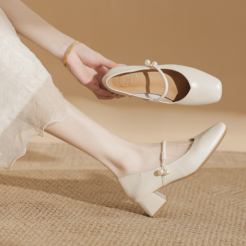 Thick Heel Square Toe Mary Jane Shoes Fairy Style Apricot Mid-Heeled Genuine Leather Shoes for Women Spring & Fall 2025 New High Heels