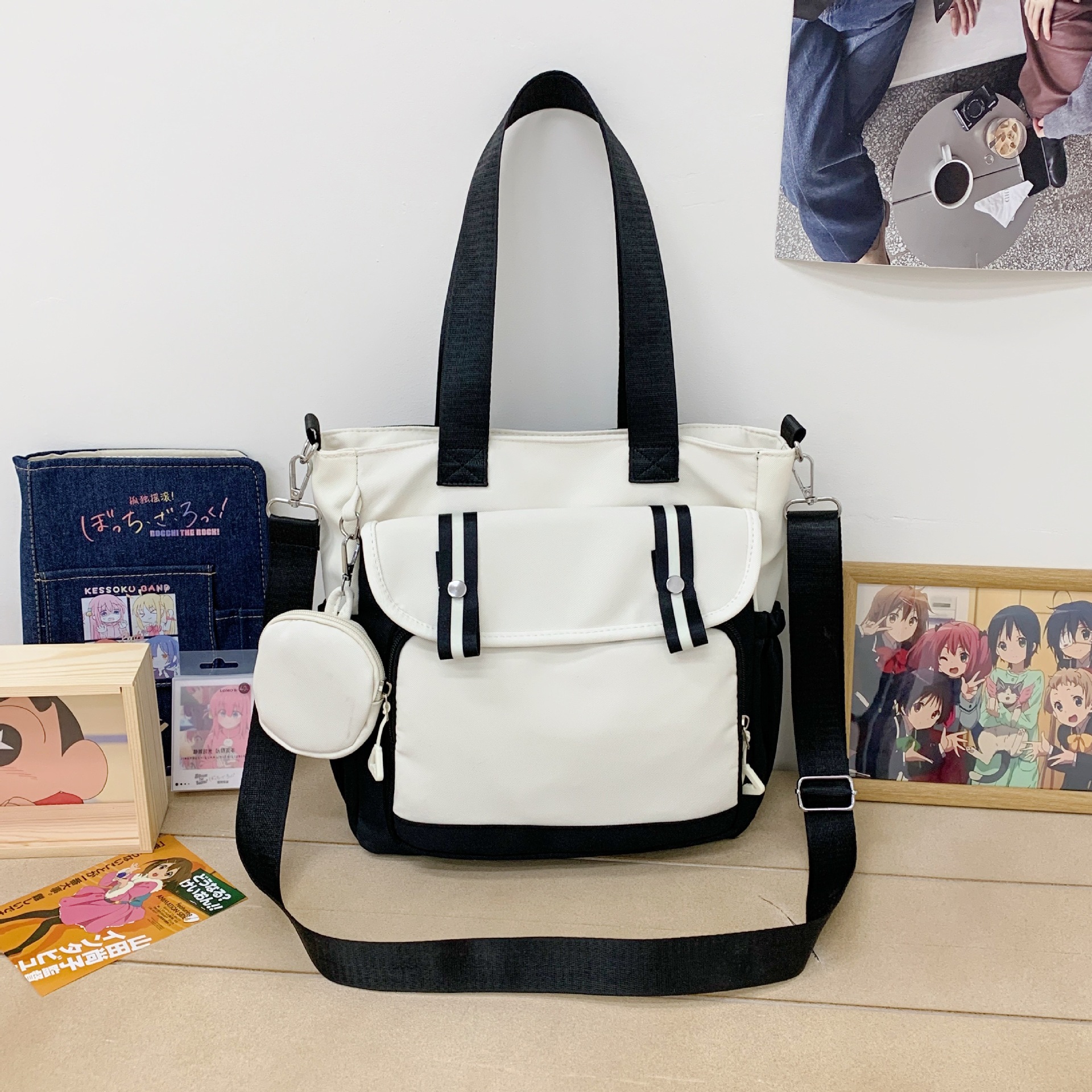 Cross-border color-blocking student tutoring tote bag, large capacity with coin purse, fresh and youthful, can be worn crossbody or carried as a handbag