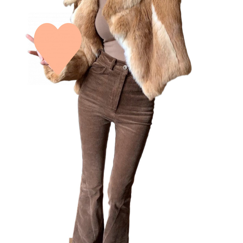 정말 아름다운  빈티지 다크 브라운 코듀로이 와이드 레그 바지 여성용 가을과 겨울 슬림핏 슬리밍 스트레치 마이크로 플레어 바지